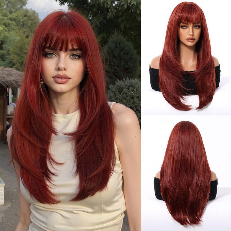 Long Wig with Bangs for Women, Layered Hairstyle Synthetic Heat Resistant for Daily Party Use 26 Inch