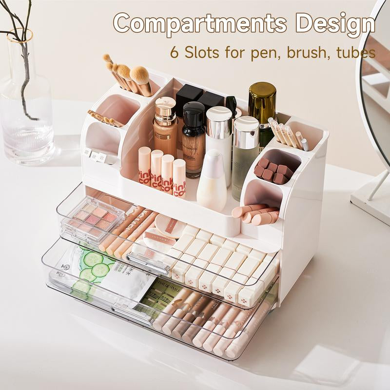Makeup Organizer for Vanity with 2 Large Drawers,Cosmetic Display Case with Brush Holders, Easy to Storage for Bathroom Countertop Skincare,Desk Office Supplies,Gift, Pink, Jewelry Organizer