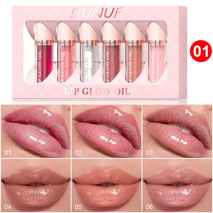 DUNUF MAKEUP 6Pc Glow Reviver Lip Oil Set Long Lasting Hydrating Lip Stain Nourishing Hydrating High-Shine Glimmer Finish Sheer Pink Non-Sticky 12 HR Hydration Candy Coded Lip Oil Gloss Long-Lasting Waterproof Lipgloss Non-Fading Non-Stick Lip Glaze