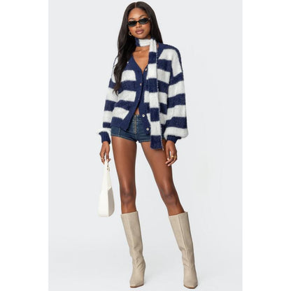 Striped Two Piece Knit Scarf Cardigan
