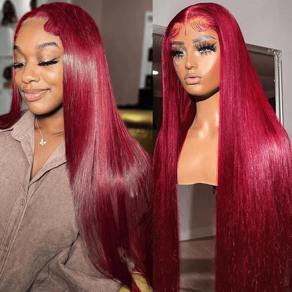 36 Inch 99J Burgundy Wine Red Human Hair Wig with 13X4 HD Transparent Lace Front - 180% Density Body Wave 13X6 Looking Frontal Wig Suitable for Women, Pre Plucked with Baby Hair
