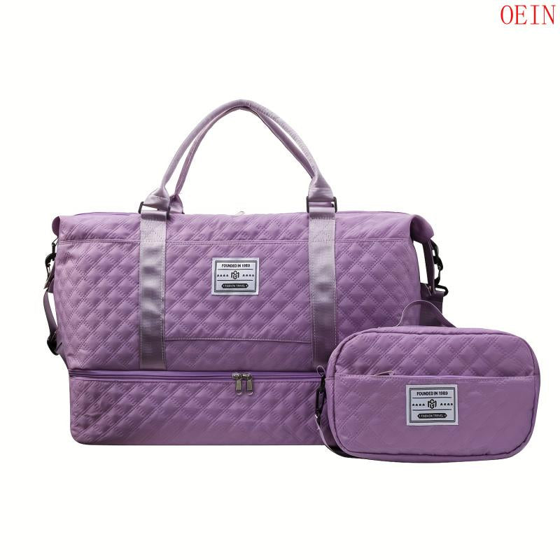 Oein 2Pcs Large Capacity Travel Duffel Bag Set, Lightweight Diamond Pattern Zipper Duffel Bag with Ladies Cosmetic Zipper Shoulder Bag