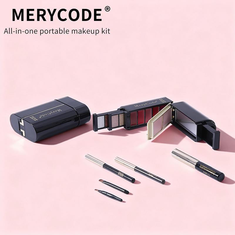 Merycode All-In-One Makeup Set Kit - Compact Travel Beauty Box with 10 Eyeshadows 5 Lipsticks 2 Blushes Eyeliner Brow Pencil Mascara & Brushes Waterproof Berry Daily Cosmetic Flawless