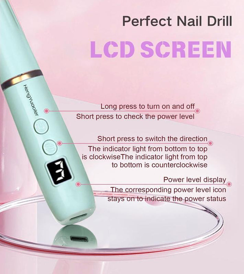 Hengyuaoler Electric Nail Drill & File - Portable Nail Machine Kit for Acrylic Gel & Dip Powder Nails Manicure Pedicure Polishing Set with 12 Bits & Sanding Bands Matte Pink