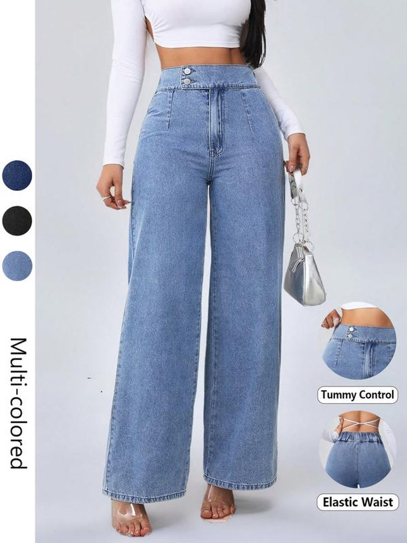 Women'S Vintage Elegant High Waist Wide Leg Jeans, Elastic Waist, Button Front, Casual Fashion, Comfortable Design, All Seasons
