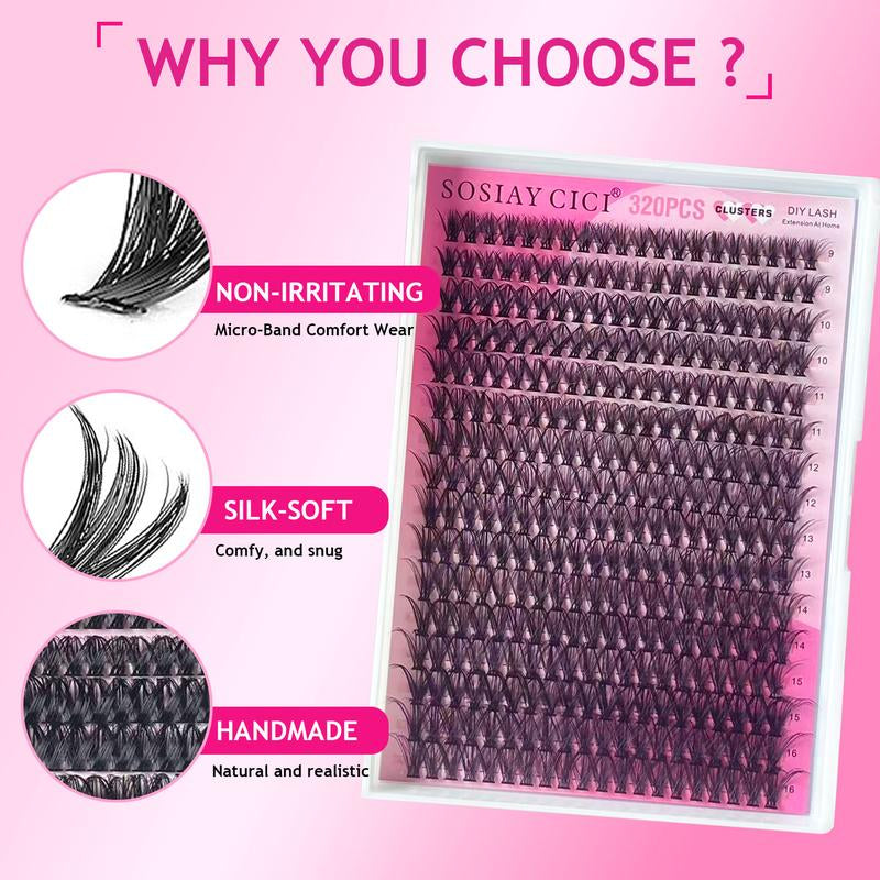 SOSIAYCICI Eyelash Lash Clusters Kit 40D Volume Lash Clusters 320Pcs Eyelash Clusters Waterproof DIY Lash Extension Kit with Lash Bond and Seal Lash Remover Applicator HOLIDAYHAUL Tiktok(9-16Mix)