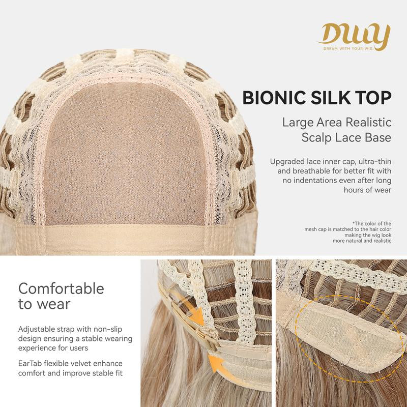 Solana C-DWY New Technology! Bionic Silk Top 20-Inch Long Wave Light Brown Glueless Synthetic Wig with Bangs for Women High-Quality Premium Fiber Easy Wear Comfortable Fit