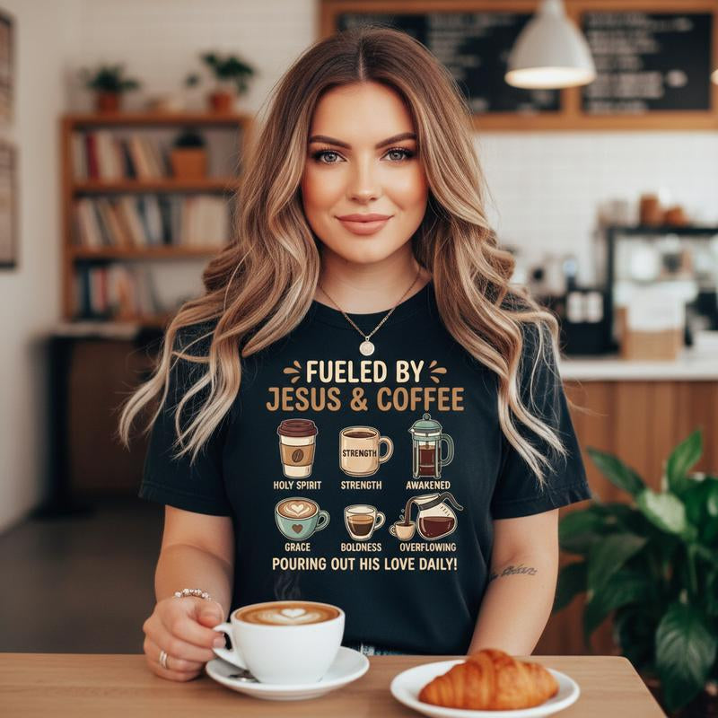 Fueled by Jesus and Coffee T-Shirt - Christian Faith Graphic Tee for Men and Women, Inspirational Religious Coffee Lover Gift, Vintage Short Sleeve Casual Cotton Shirt, Spiritual Scriptural Apparel