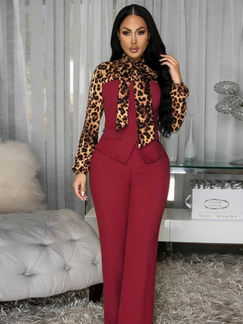 Spring Women'S New Collection: Leopard Print Patchwork Button-Up Sweater, Belted Wide-Leg Pants, Stylish Versatile Tie-Shirt Two-Piece Set, High-End Office Professional Fashion Legging Set