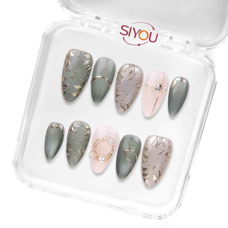 EMERALD GRACE Premium Handmade Press-On Nails Long-Lasting Short Almond Shape Glossy Green, White, Gold Finish Rich Green White Tones Capture Jewel-Toned Elegance Style
