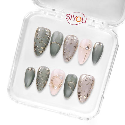 EMERALD GRACE Premium Handmade Press-On Nails Long-Lasting Short Almond Shape Glossy Green, White, Gold Finish Rich Green White Tones Capture Jewel-Toned Elegance Style
