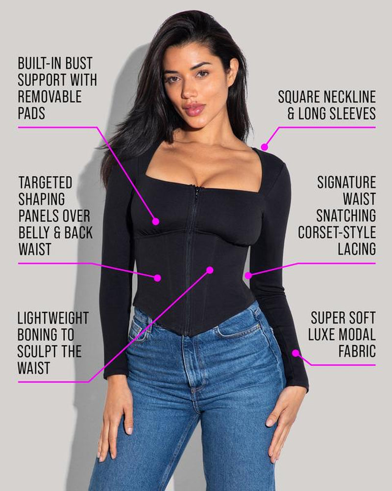 Corsety Square Neck Long Sleeve Top - Black Women Longsleeves
