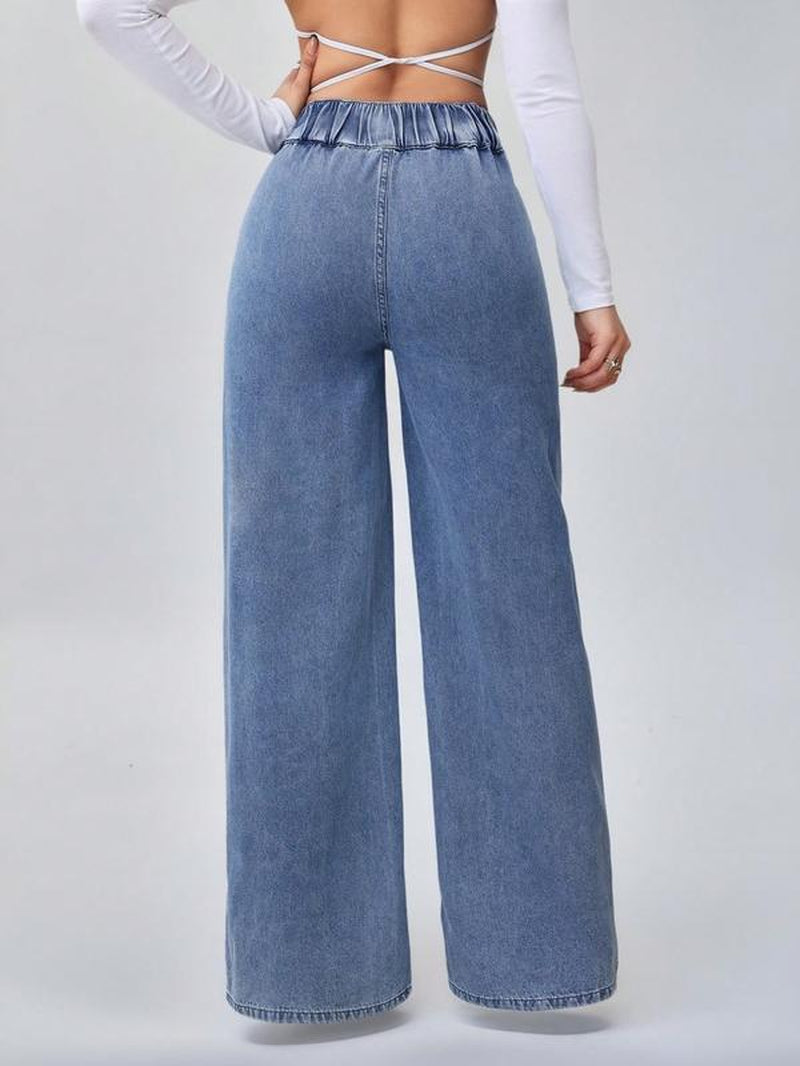 Women'S Vintage Elegant High Waist Wide Leg Jeans, Elastic Waist, Button Front, Casual Fashion, Comfortable Design, All Seasons