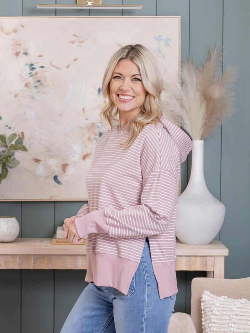 Stripe Side Slits Drop Shoulder Loose Fit Hoodie W/ Thumbhole | S-XL