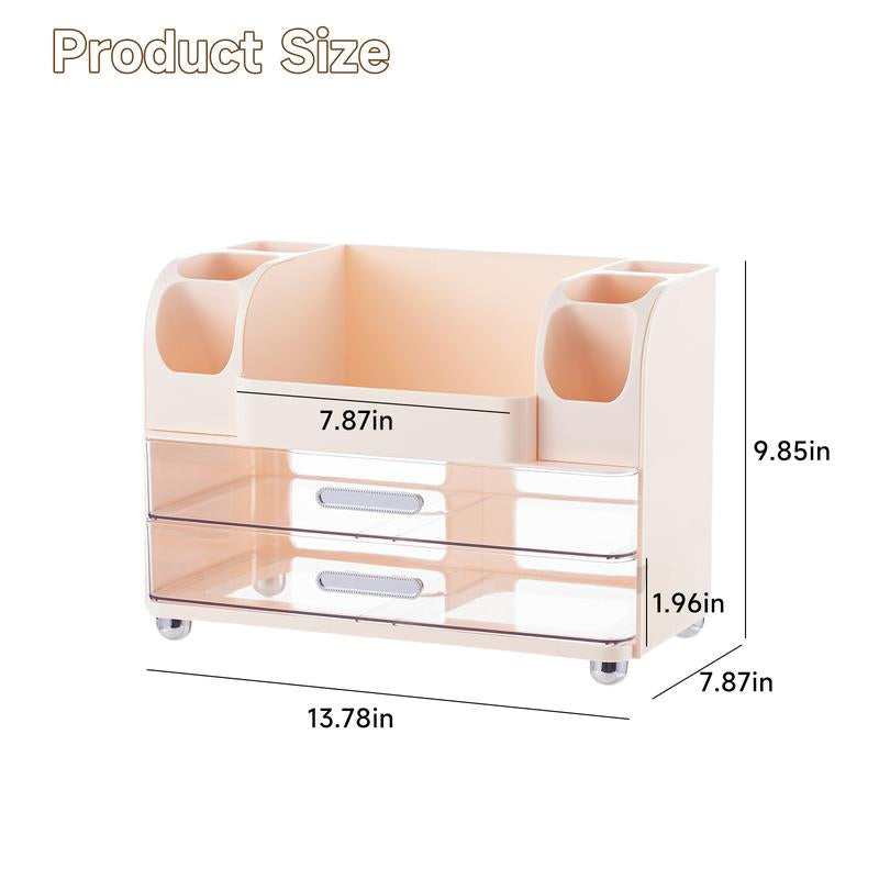 Makeup Organizer for Vanity with 2 Large Drawers,Cosmetic Display Case with Brush Holders, Easy to Storage for Bathroom Countertop Skincare,Desk Office Supplies,Gift, Pink, Jewelry Organizer