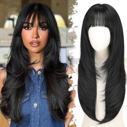 Long Wig with Bangs for Women, Layered Hairstyle Synthetic Heat Resistant for Daily Party Use 26 Inch