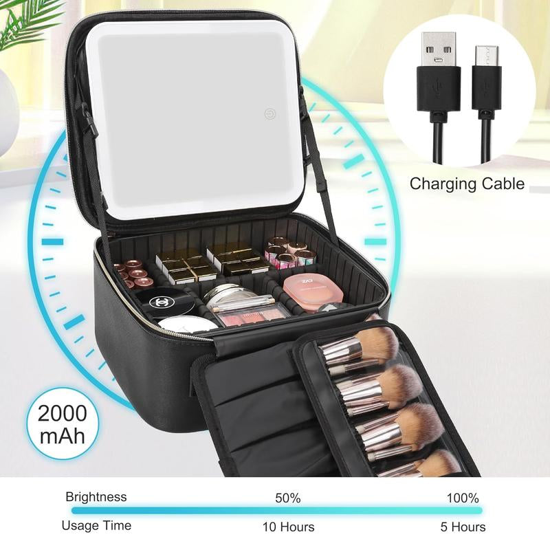 Smart LED Makeup Bag with Mirror & Lights — Waterproof Train Case with Adjustable Dividers, Portable Cosmetic Organizer for Brushes & Travel, Detachable Compartments